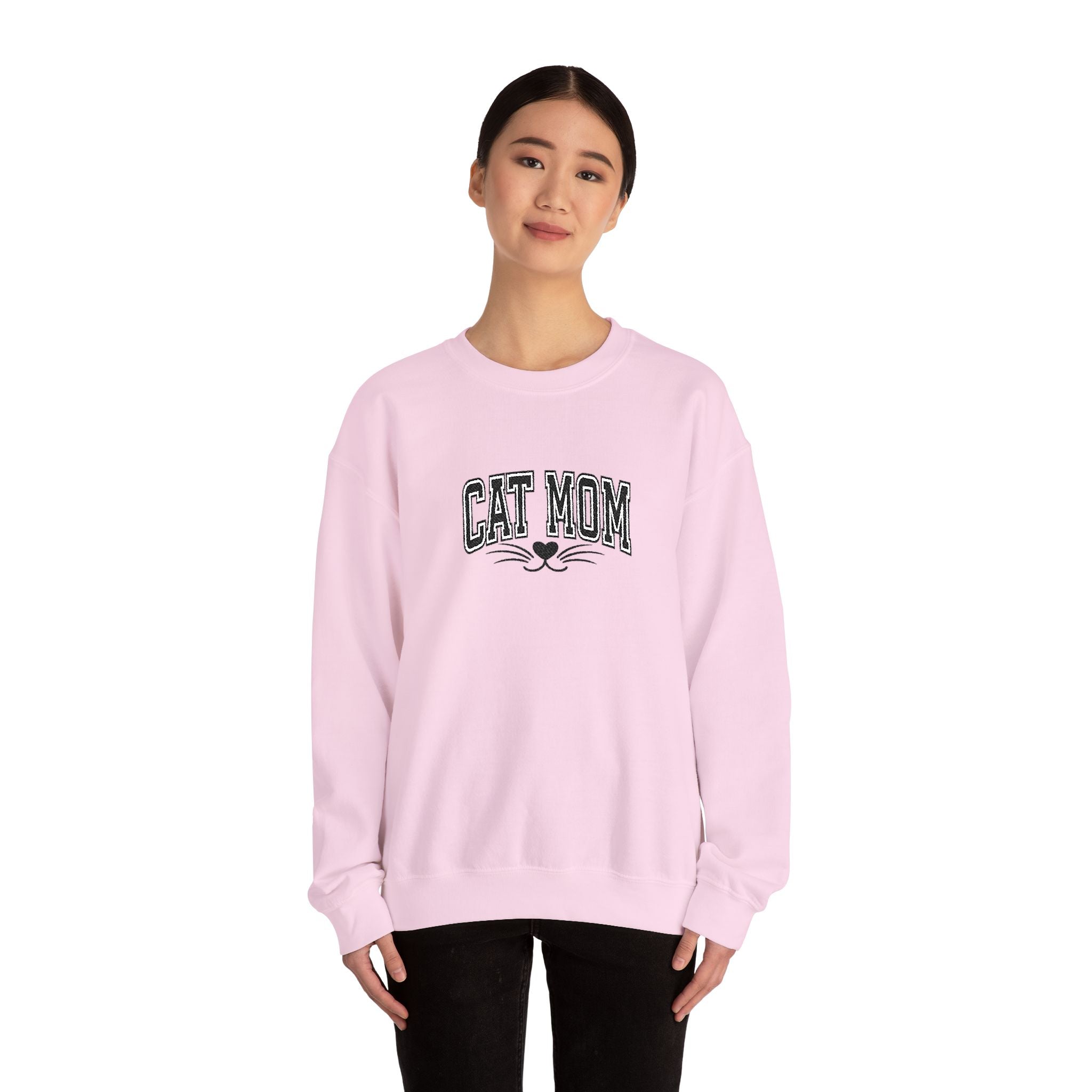 Cat Mom Crewneck Sweatshirt — Vintage Script Cat Face Graphic