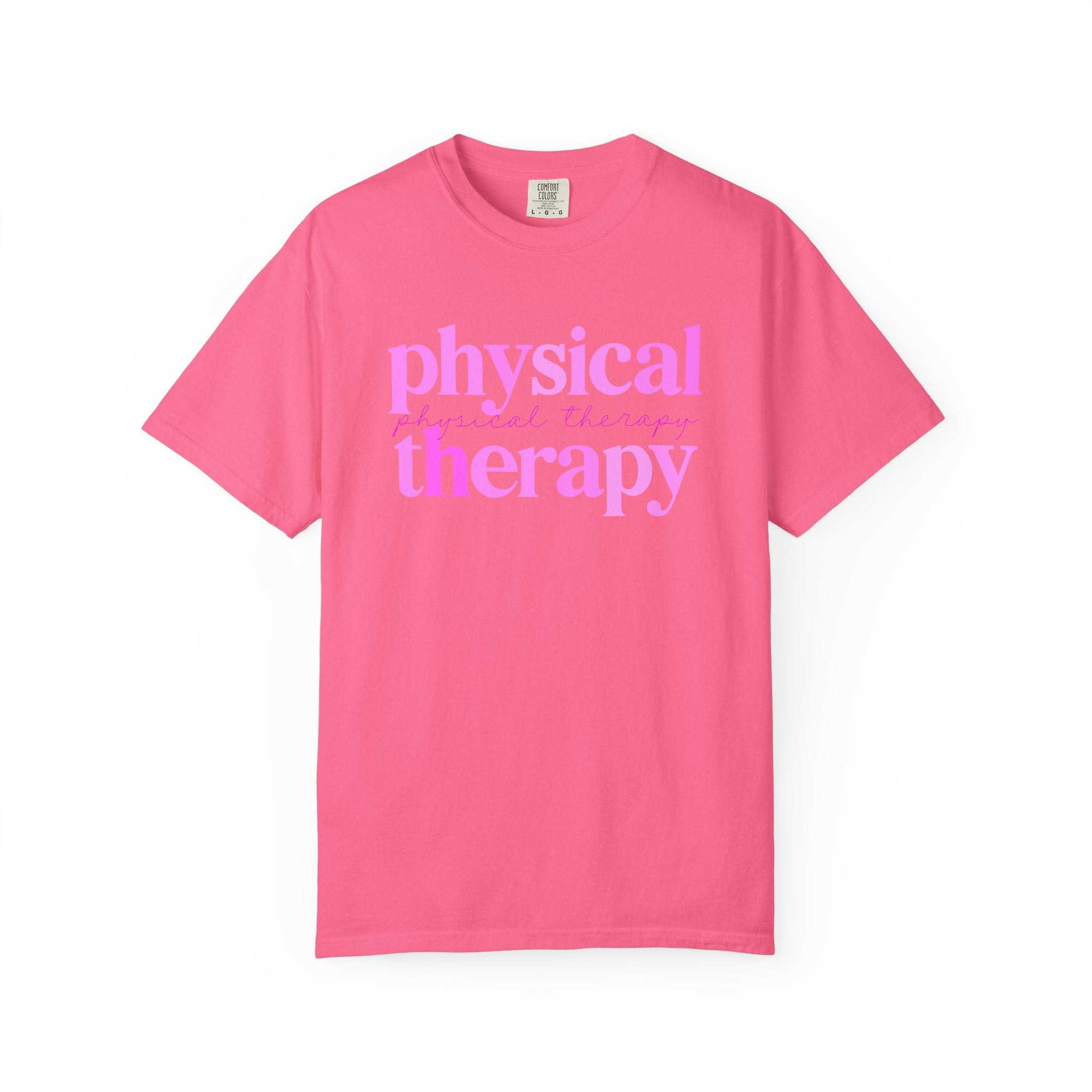 Physical Therapy T-Shirt — Pink Text Rehab Tee for Physical Therapists & Students