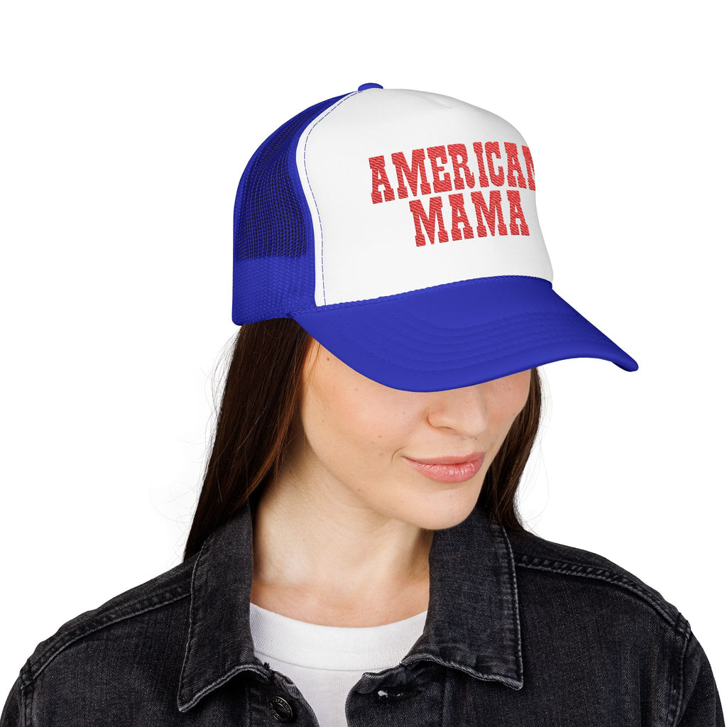American Mama Trucker Hat - Vintage Red Distressed Foam Mesh Cap for Patriotic Moms