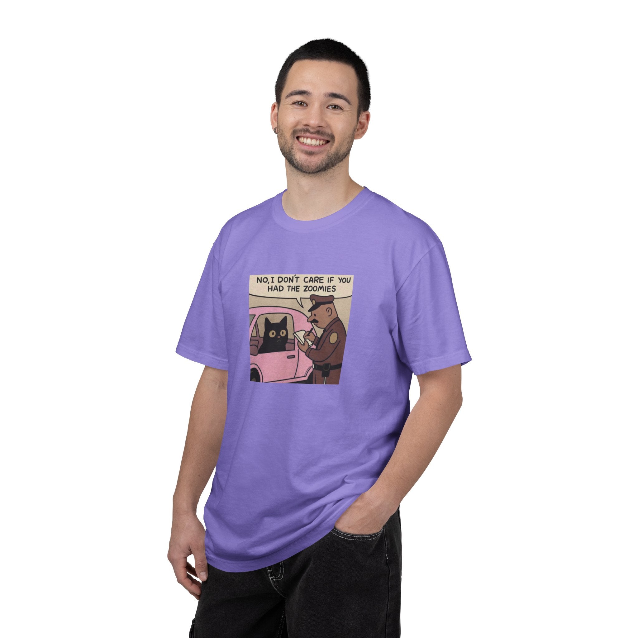 Funny Cat Cop T-Shirt — "No, I Don't Care If You Had The Zoomies" Graphic Tee