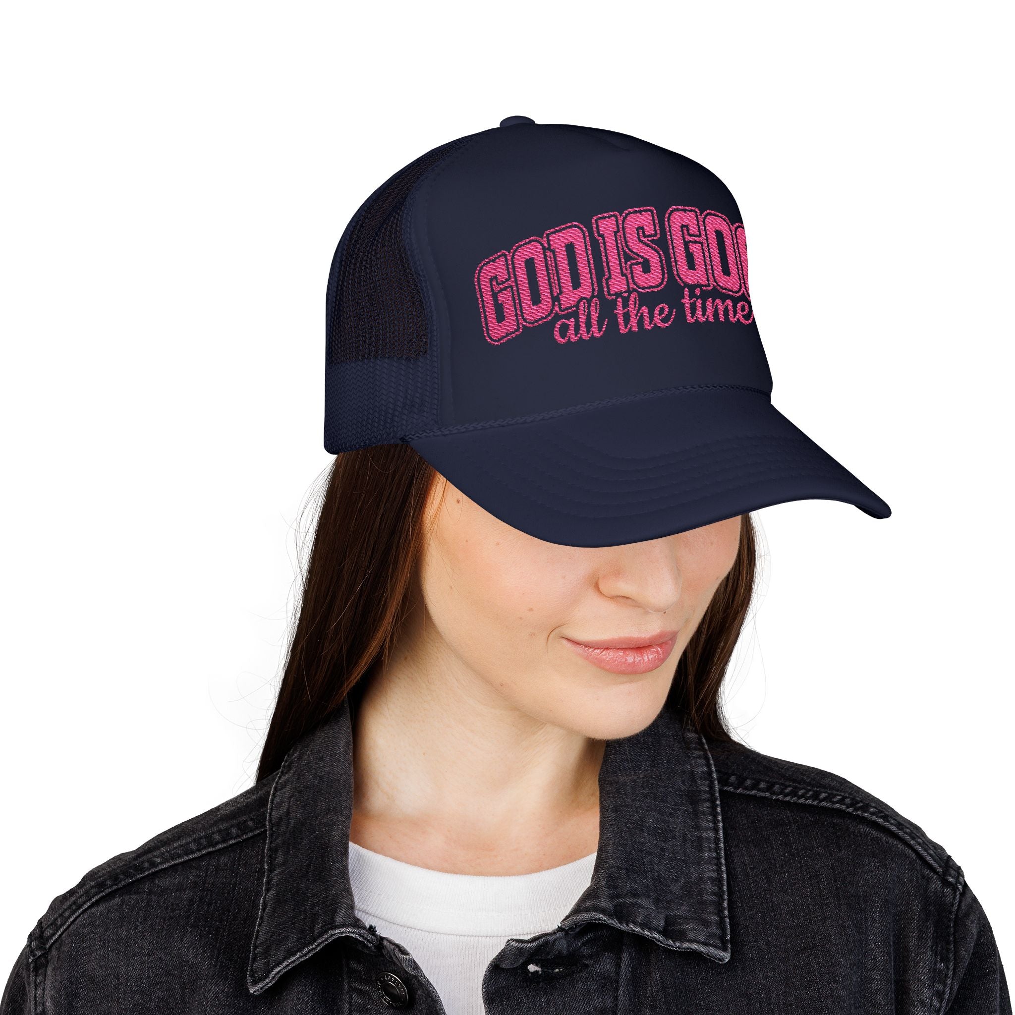 God Is Good Trucker Hat — Hot Pink Design