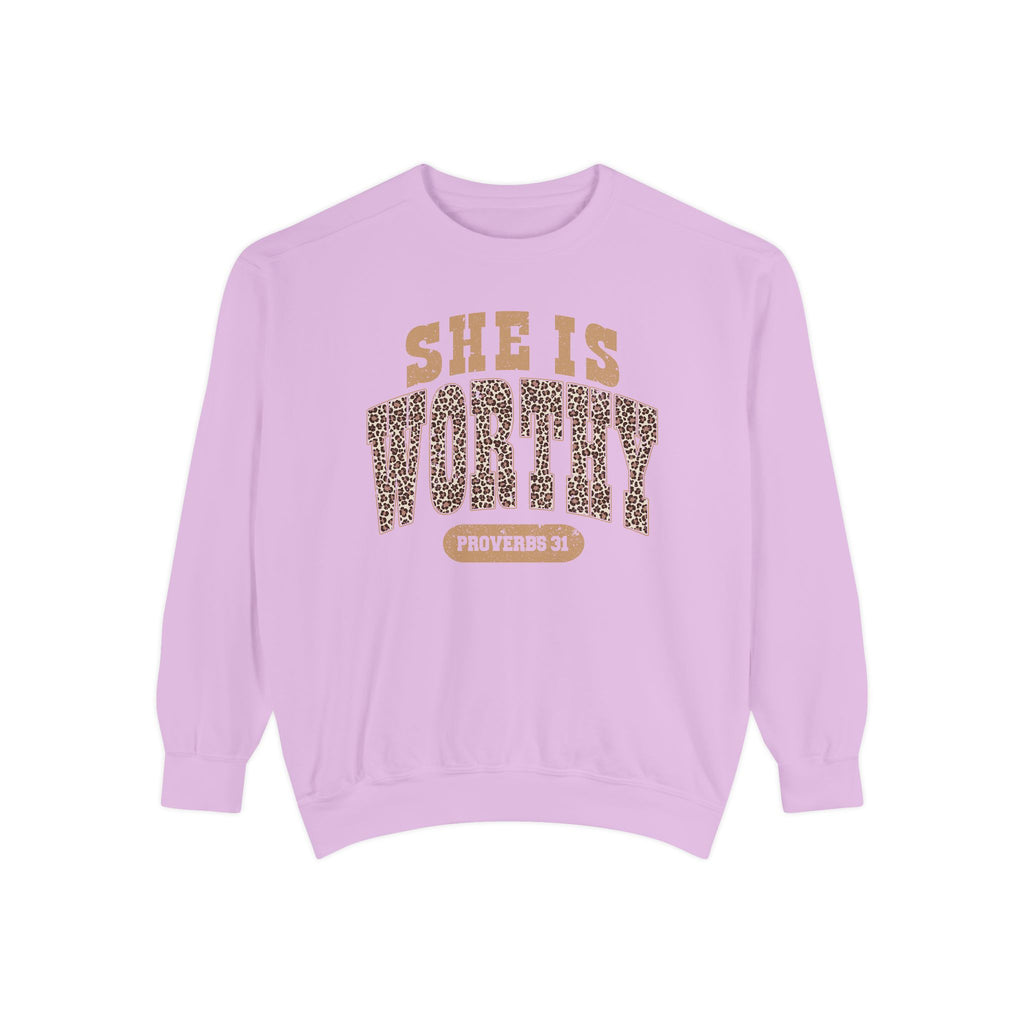 She Is Worthy Sweatshirt — Leopard Print Proverbs 31 Inspirational Pullover