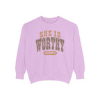 She Is Worthy Sweatshirt — Leopard Print Proverbs 31 Inspirational Pullover