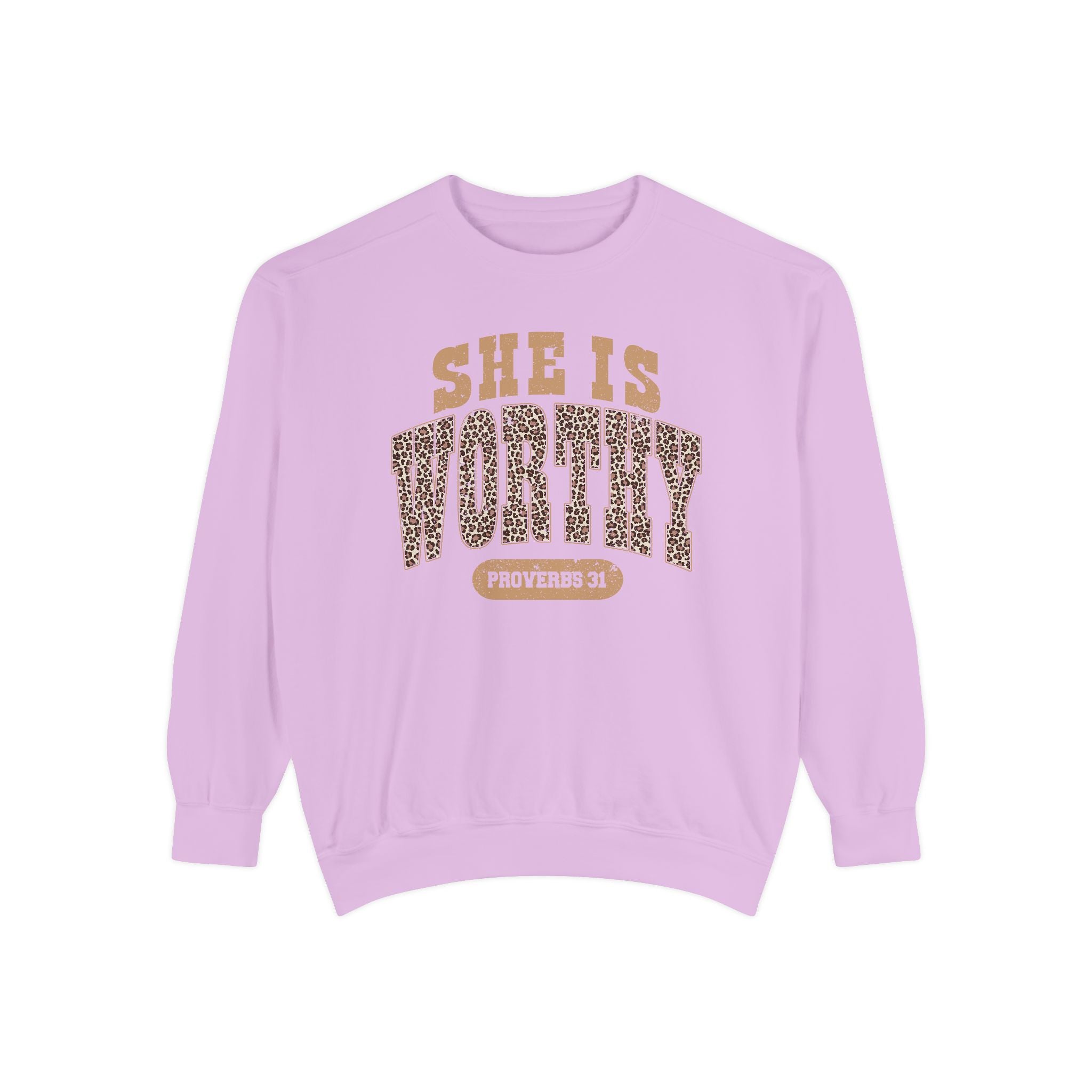 She Is Worthy Sweatshirt — Leopard Print Proverbs 31 Inspirational Pullover