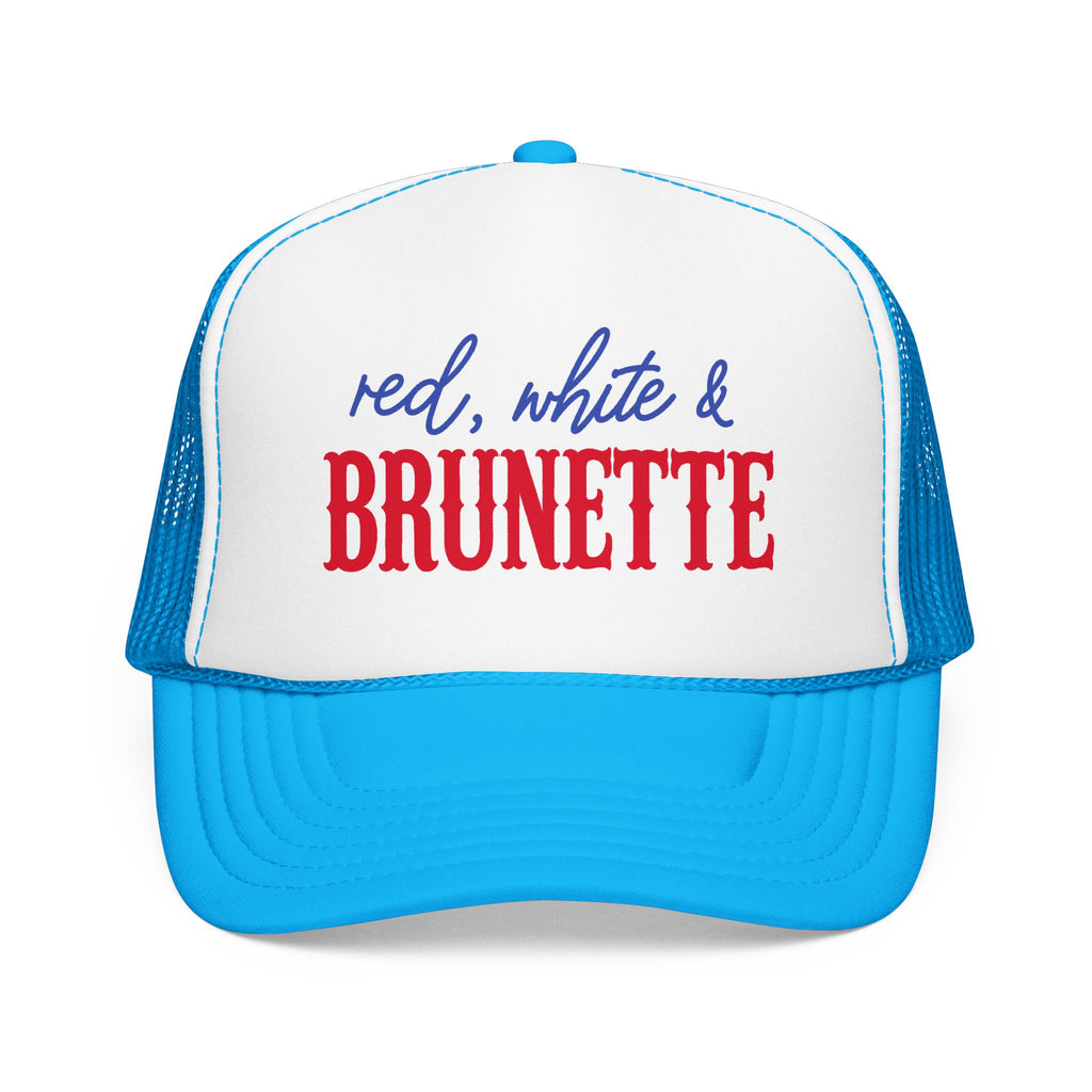 Red, White & Brunette Trucker Hat — Patriotic Foam Mesh Cap for Women