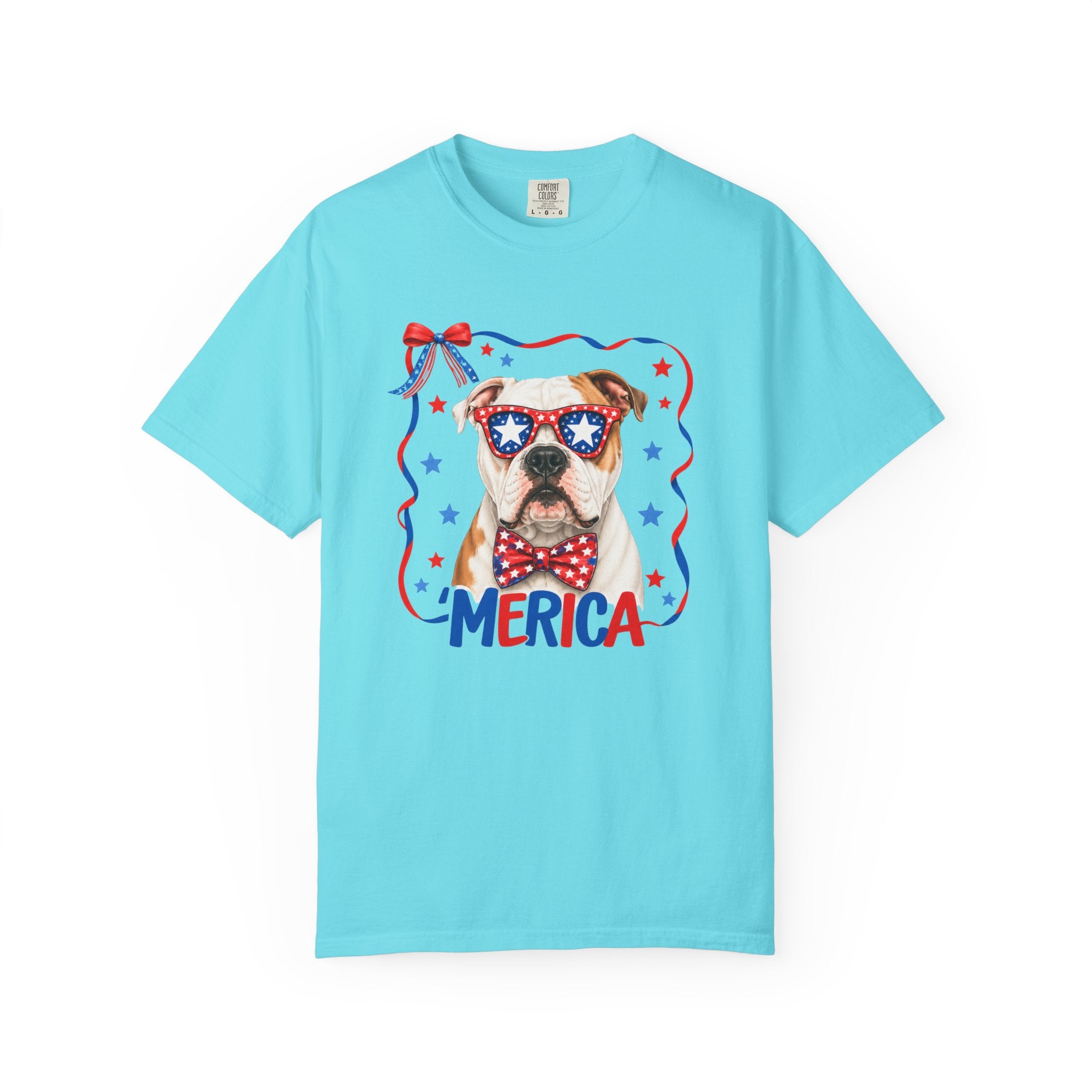 T-Shirt | 'Merica Patriotic Dog Graphic Tee – American Flag Sunglasses & Bow Tie