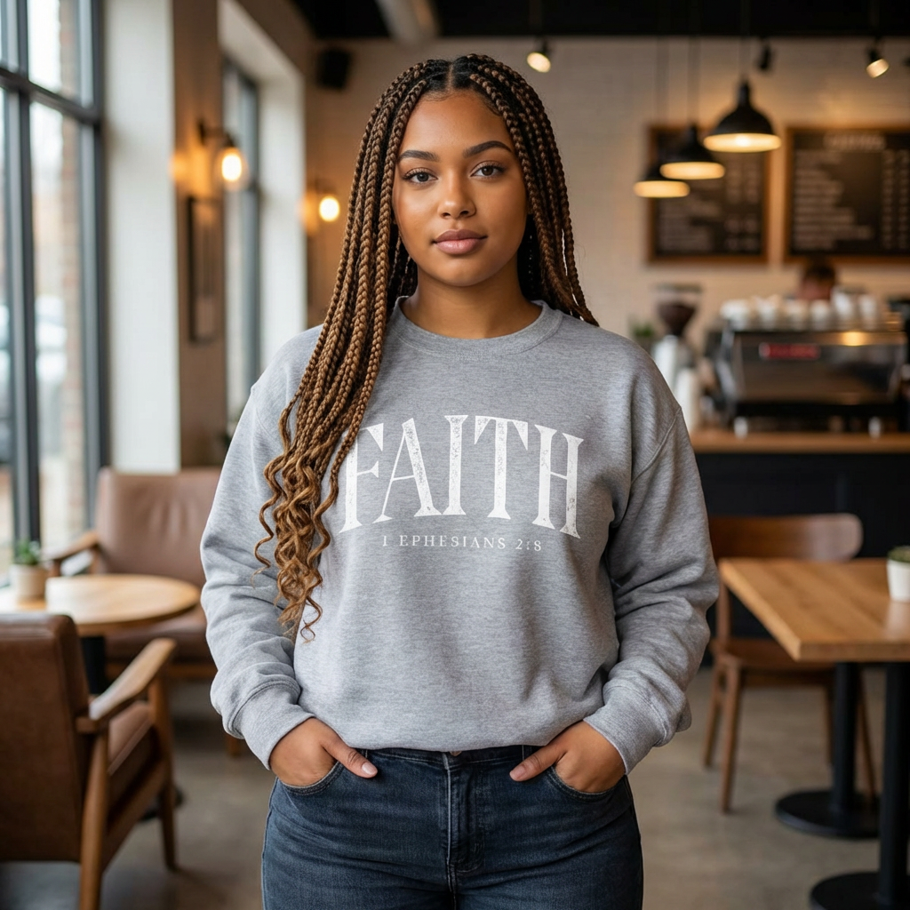 Faith Crewneck Sweatshirt — "Faith" with 1 Ephesians 2:8 Christian Pullover