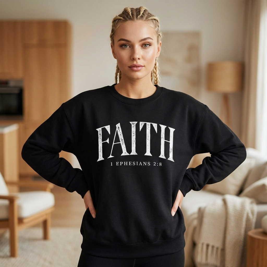 Faith Crewneck Sweatshirt — "Faith" with 1 Ephesians 2:8 Christian Pullover