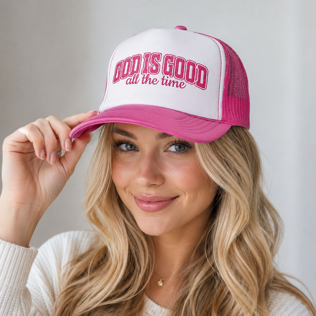God Is Good Trucker Hat — Hot Pink Design