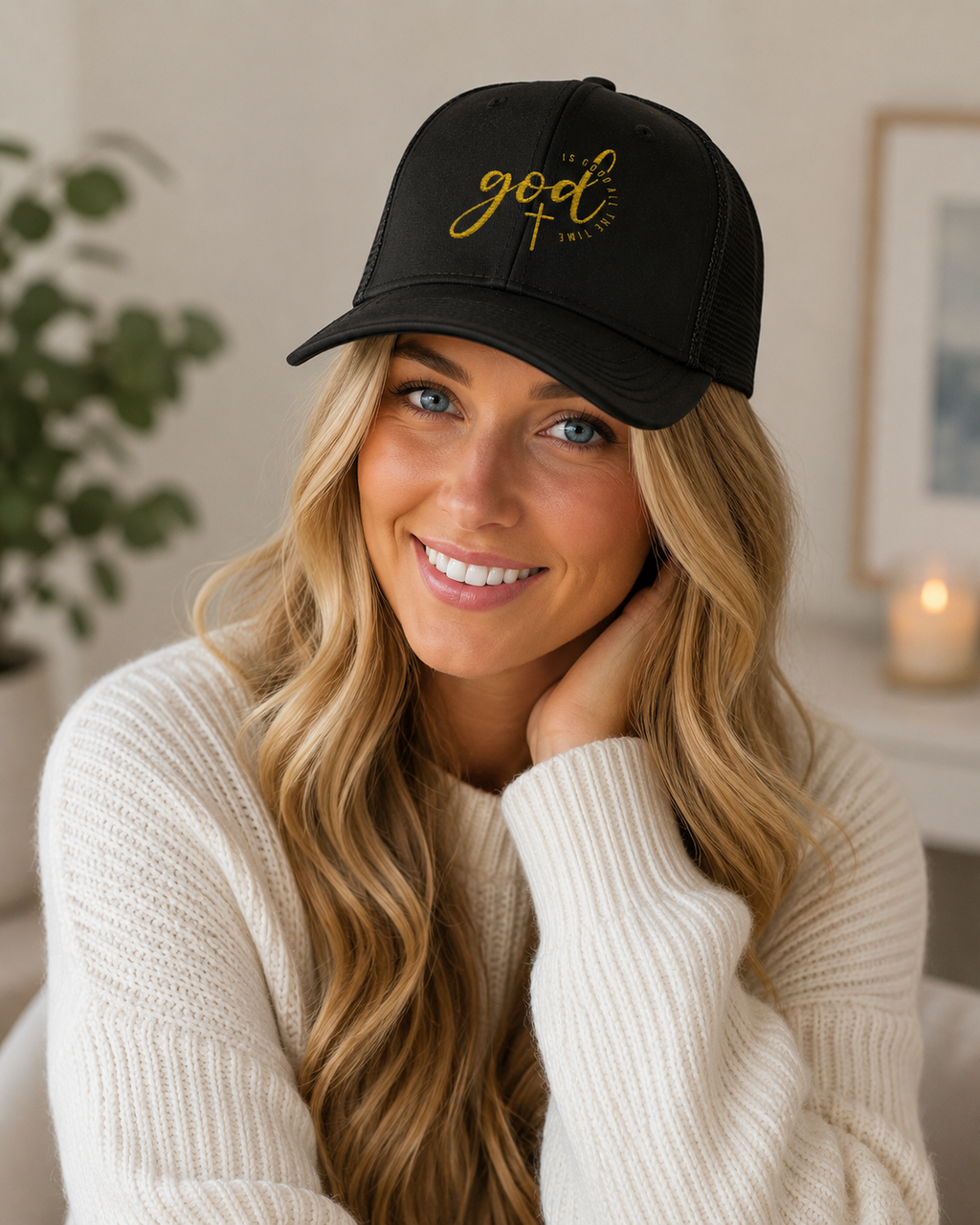 God Script Trucker Cap — Gold Sparkle Faith Snapback