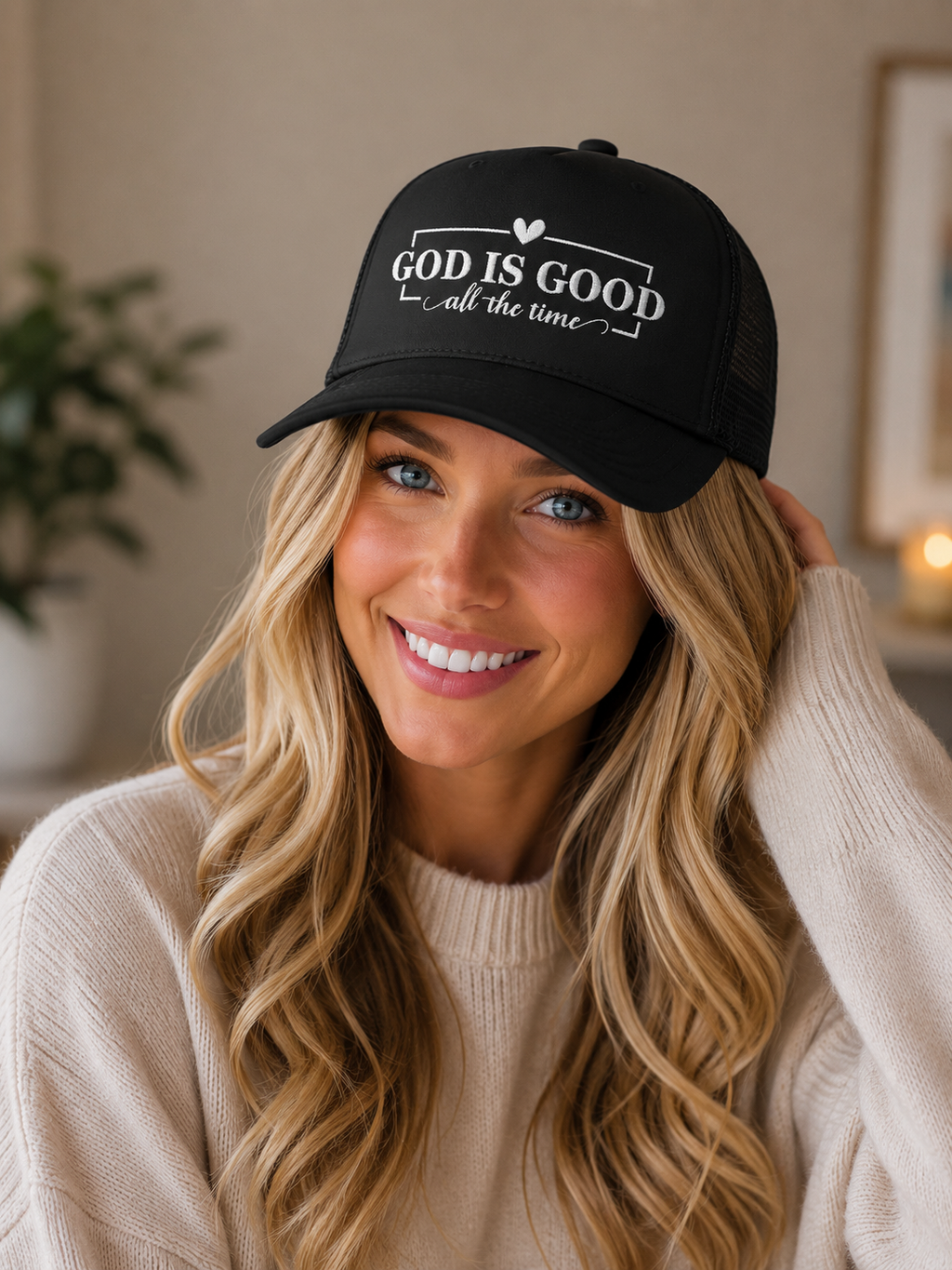 God Is Good Trucker Hat — White Design