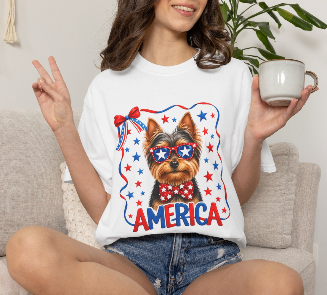 T-Shirt | 'Merica Patriotic Dog Graphic Tee – American Flag Sunglasses & Bow Tie
