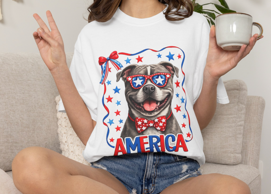 T-Shirt | 'Merica Patriotic Dog Graphic Tee – American Flag Sunglasses & Bow Tie