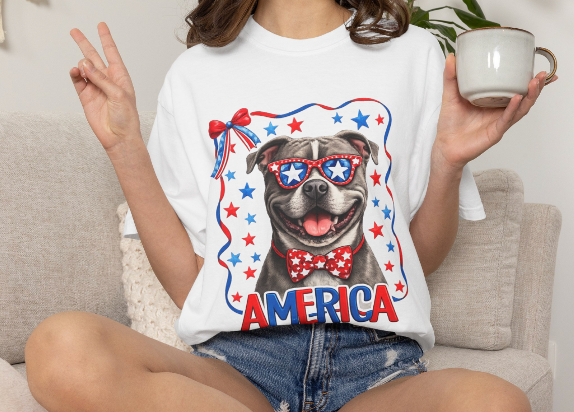T-Shirt | 'Merica Patriotic Dog Graphic Tee – American Flag Sunglasses & Bow Tie