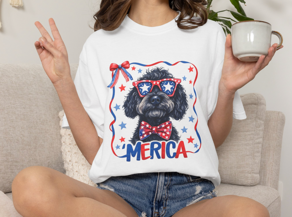 T-Shirt | 'Merica Patriotic Dog Graphic Tee – American Flag Sunglasses & Bow Tie