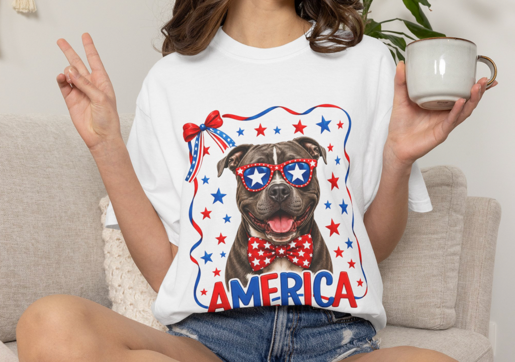 T-Shirt | 'Merica Patriotic Dog Graphic Tee – American Flag Sunglasses & Bow Tie