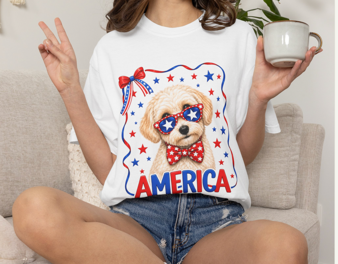 T-Shirt | 'Merica Patriotic Dog Graphic Tee – American Flag Sunglasses & Bow Tie