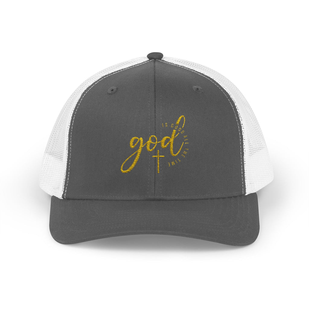 God Script Trucker Cap — Gold Sparkle Faith Snapback