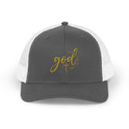 God Script Trucker Cap — Gold Sparkle Faith Snapback