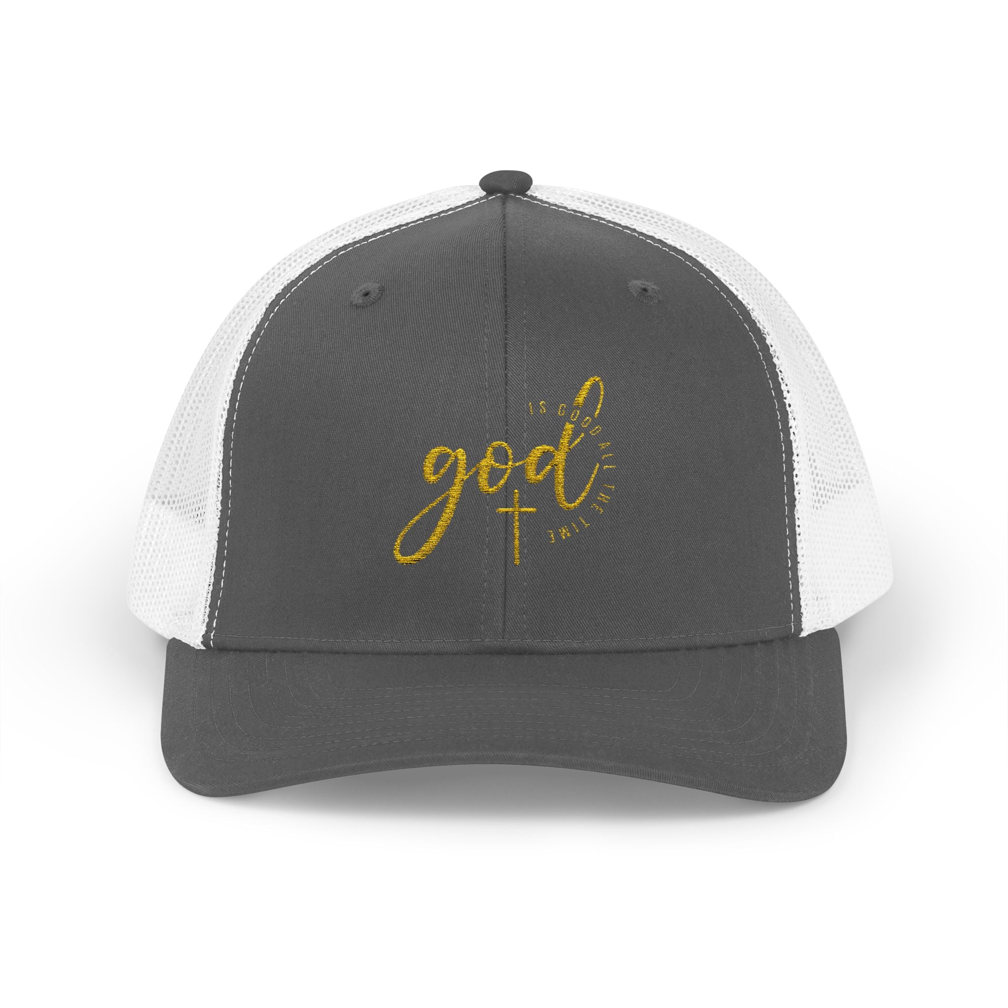 God Script Trucker Cap — Gold Sparkle Faith Snapback