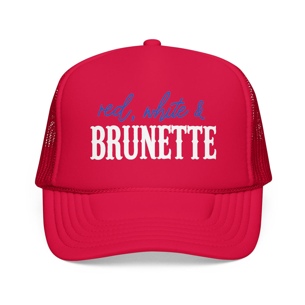 Red, White & Brunette Trucker Hat — Patriotic Foam Mesh Cap for Women