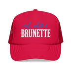 Red, White & Brunette Trucker Hat — Patriotic Foam Mesh Cap for Women