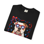 T-Shirt | 'Merica Patriotic Dog Graphic Tee – American Flag Sunglasses & Bow Tie