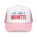 Red, White & Brunette Trucker Hat — Patriotic Foam Mesh Cap for Women