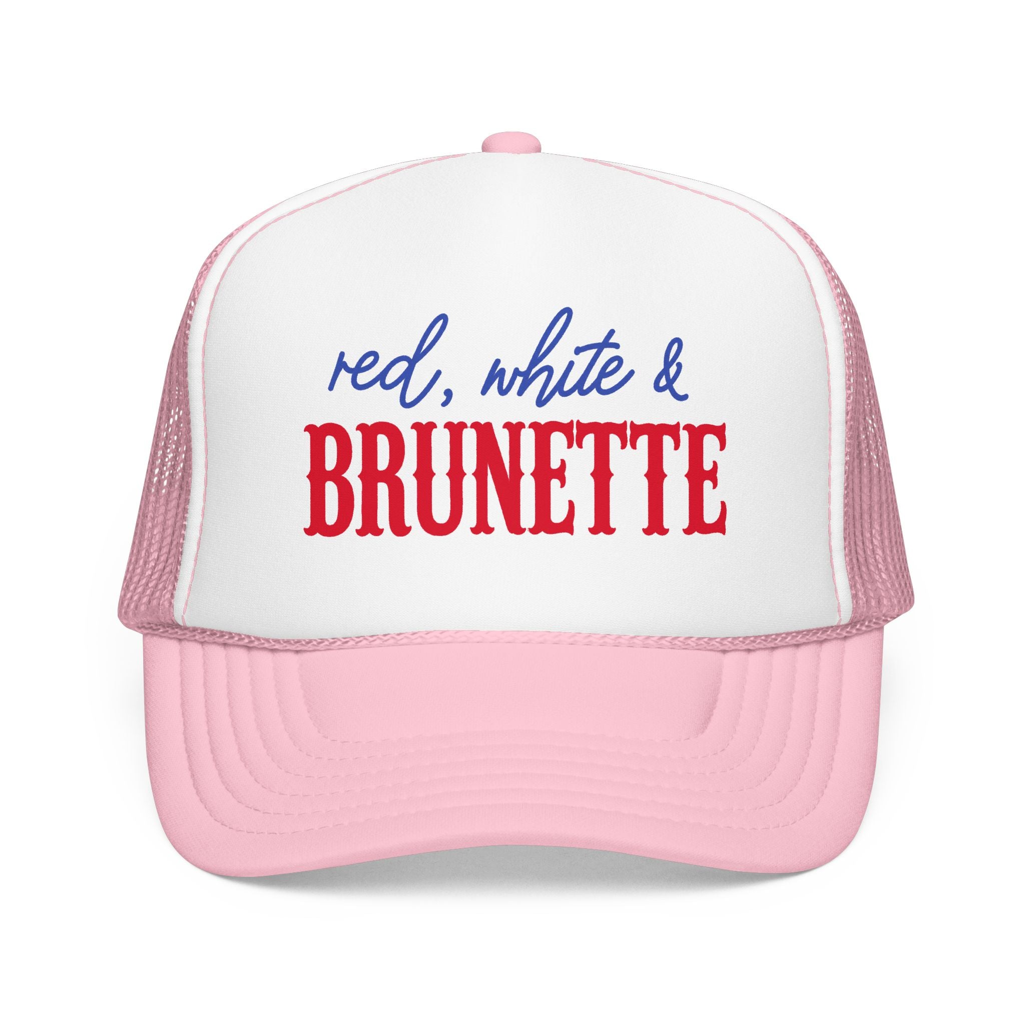 Red, White & Brunette Trucker Hat — Patriotic Foam Mesh Cap for Women