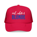 Red, White & Blonde Trucker Hat — Patriotic Blonde Foam Trucker Hat