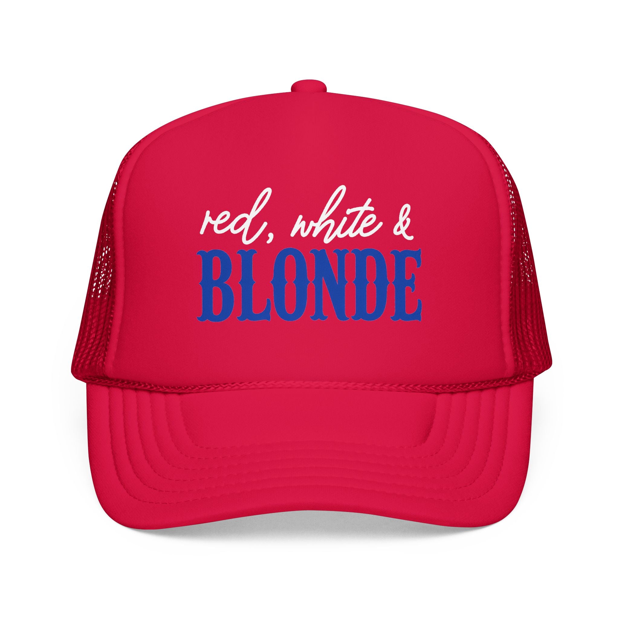Red, White & Blonde Trucker Hat — Patriotic Blonde Foam Trucker Hat