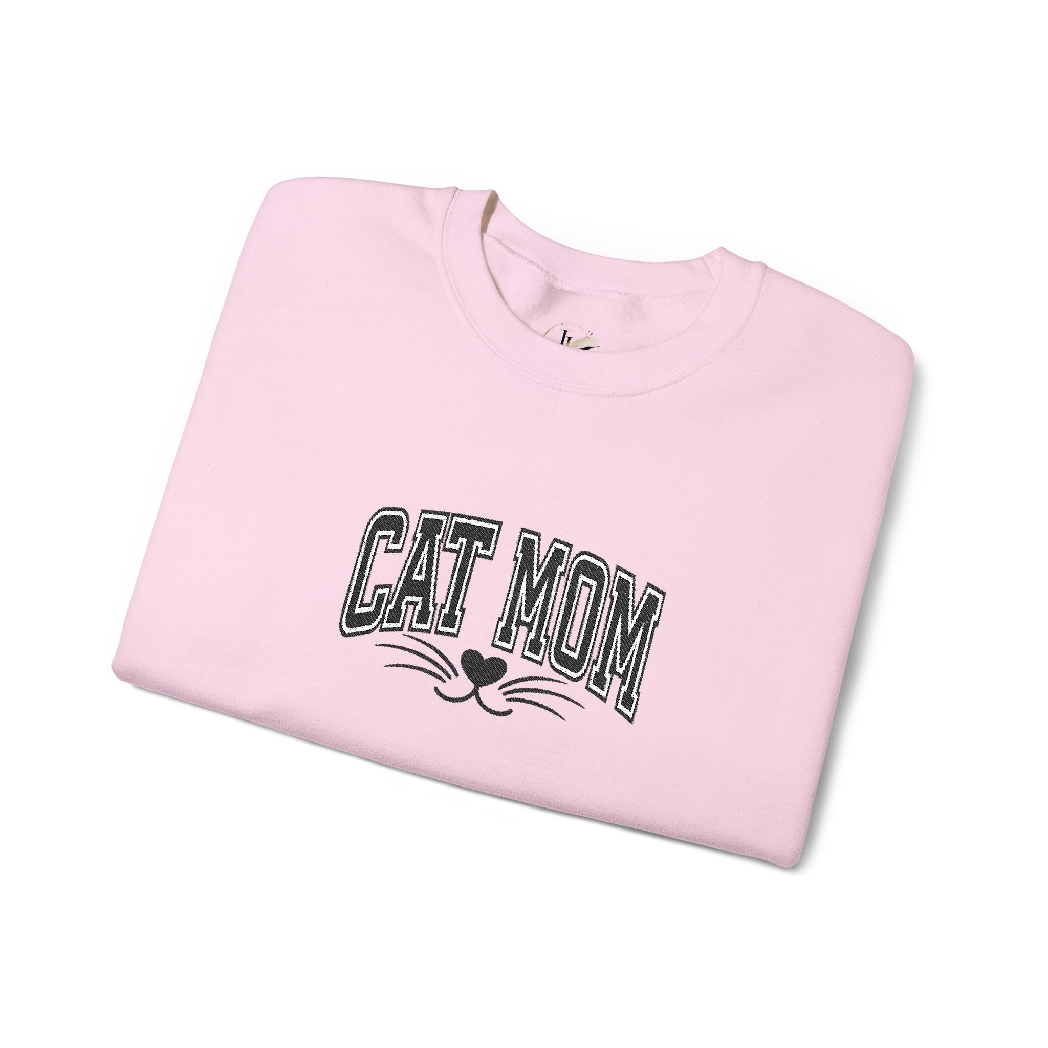 Cat Mom Crewneck Sweatshirt — Vintage Script Cat Face Graphic