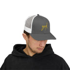 God Script Trucker Cap — Gold Sparkle Faith Snapback