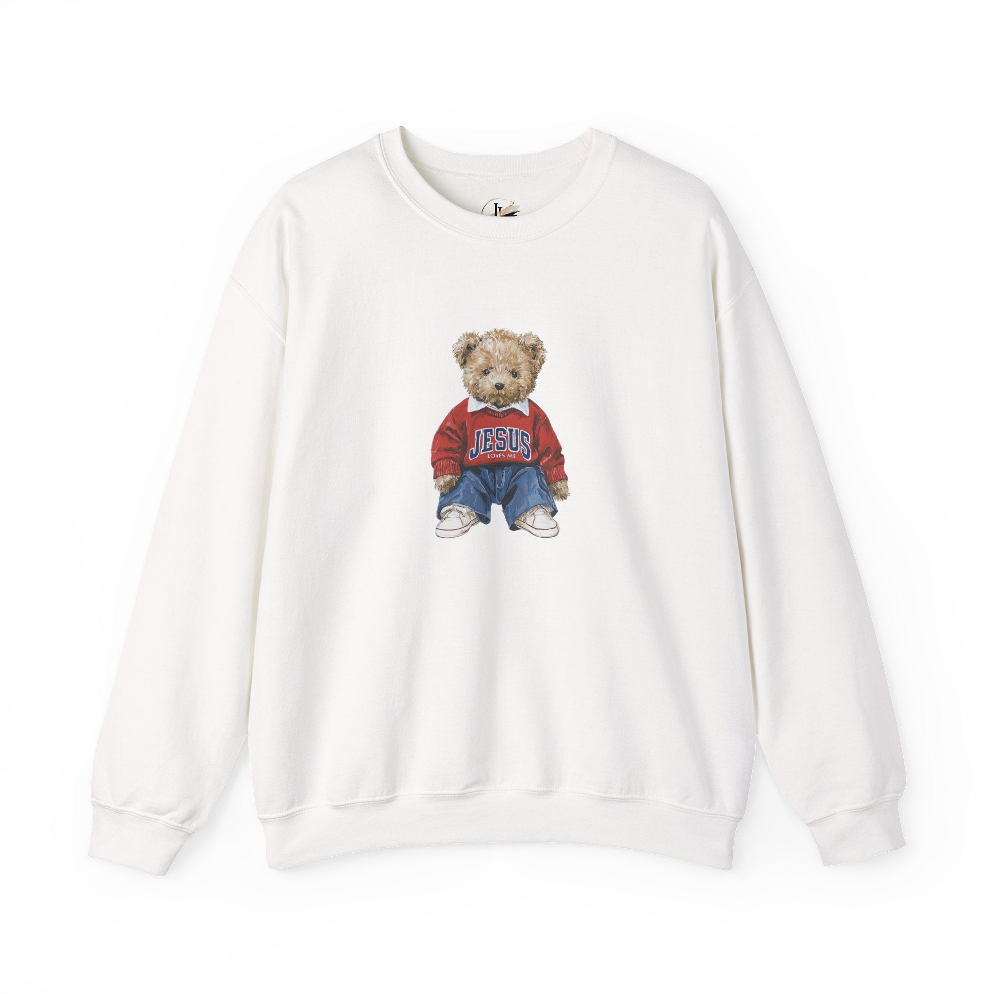 Crewneck Sweatshirt — Teddy Bear Wearing 'Jesus' Sweater Christian Graphic