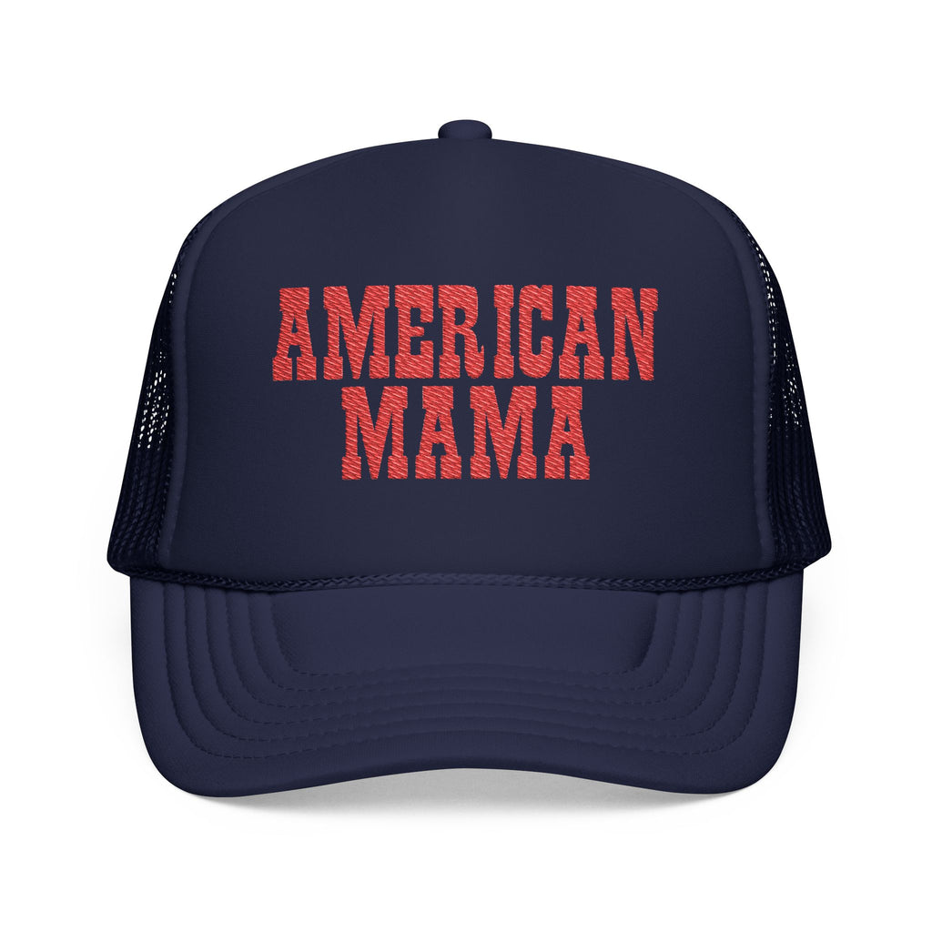 American Mama Trucker Hat - Vintage Red Distressed Foam Mesh Cap for Patriotic Moms