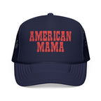 American Mama Trucker Hat - Vintage Red Distressed Foam Mesh Cap for Patriotic Moms