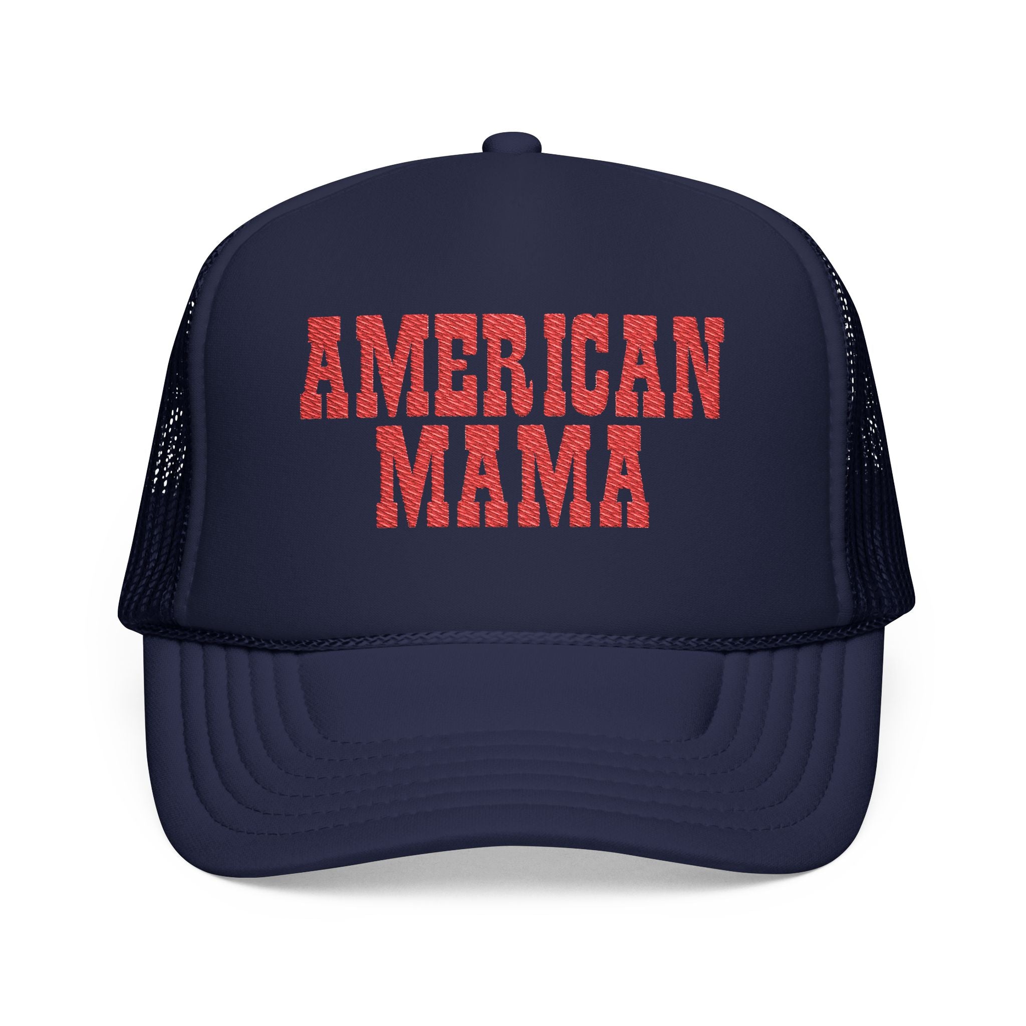 American Mama Trucker Hat - Vintage Red Distressed Foam Mesh Cap for Patriotic Moms