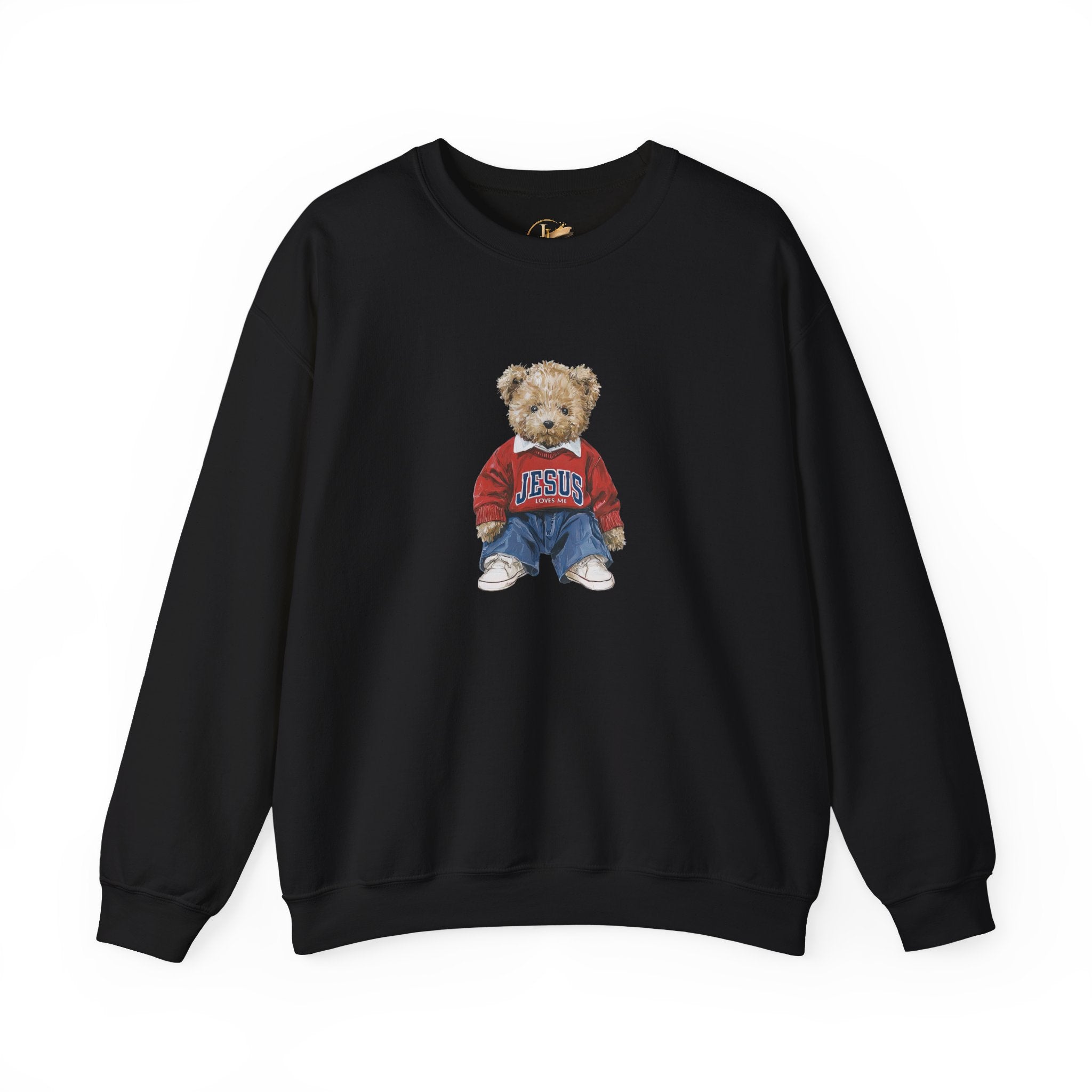 Crewneck Sweatshirt — Teddy Bear Wearing 'Jesus' Sweater Christian Graphic
