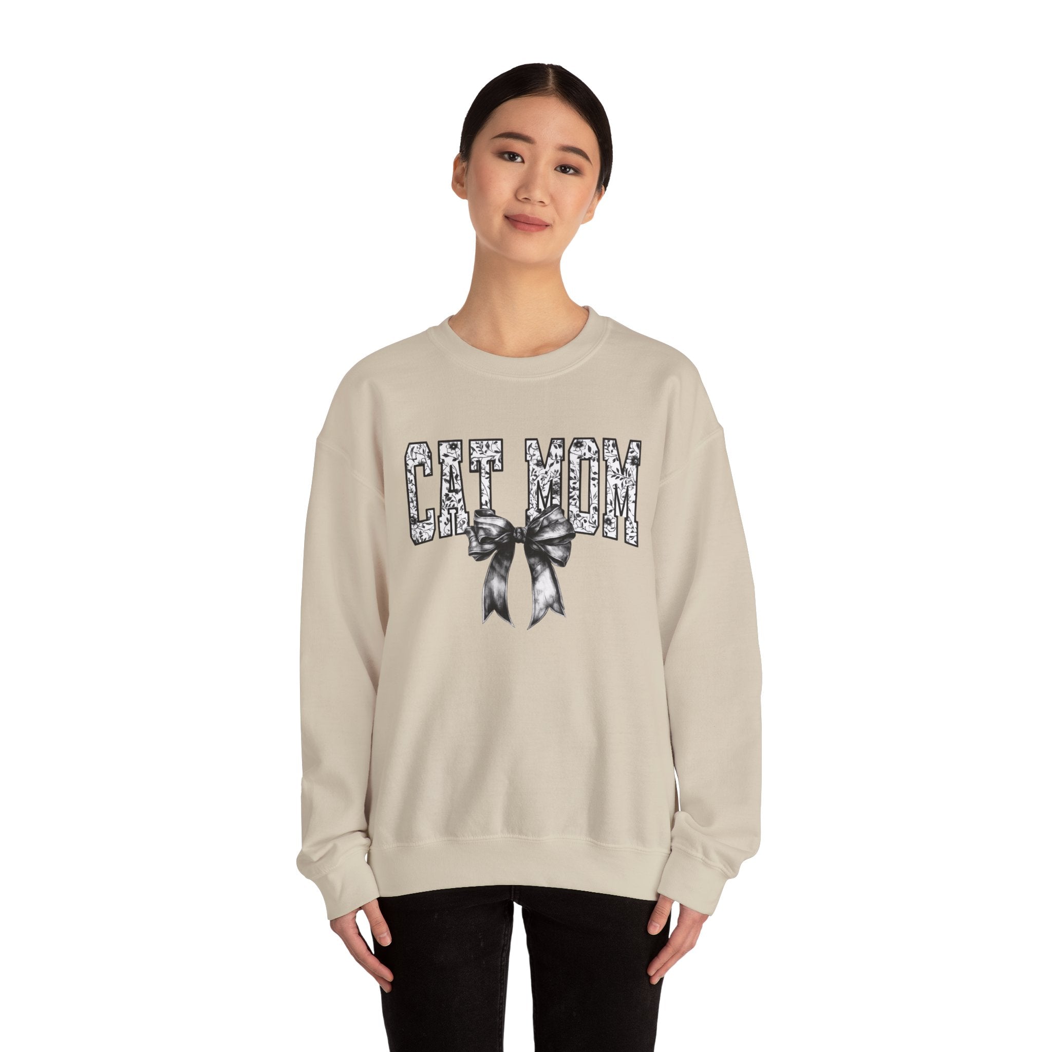 Cat Mom Crewneck Sweatshirt — Floral Lettering with Bow