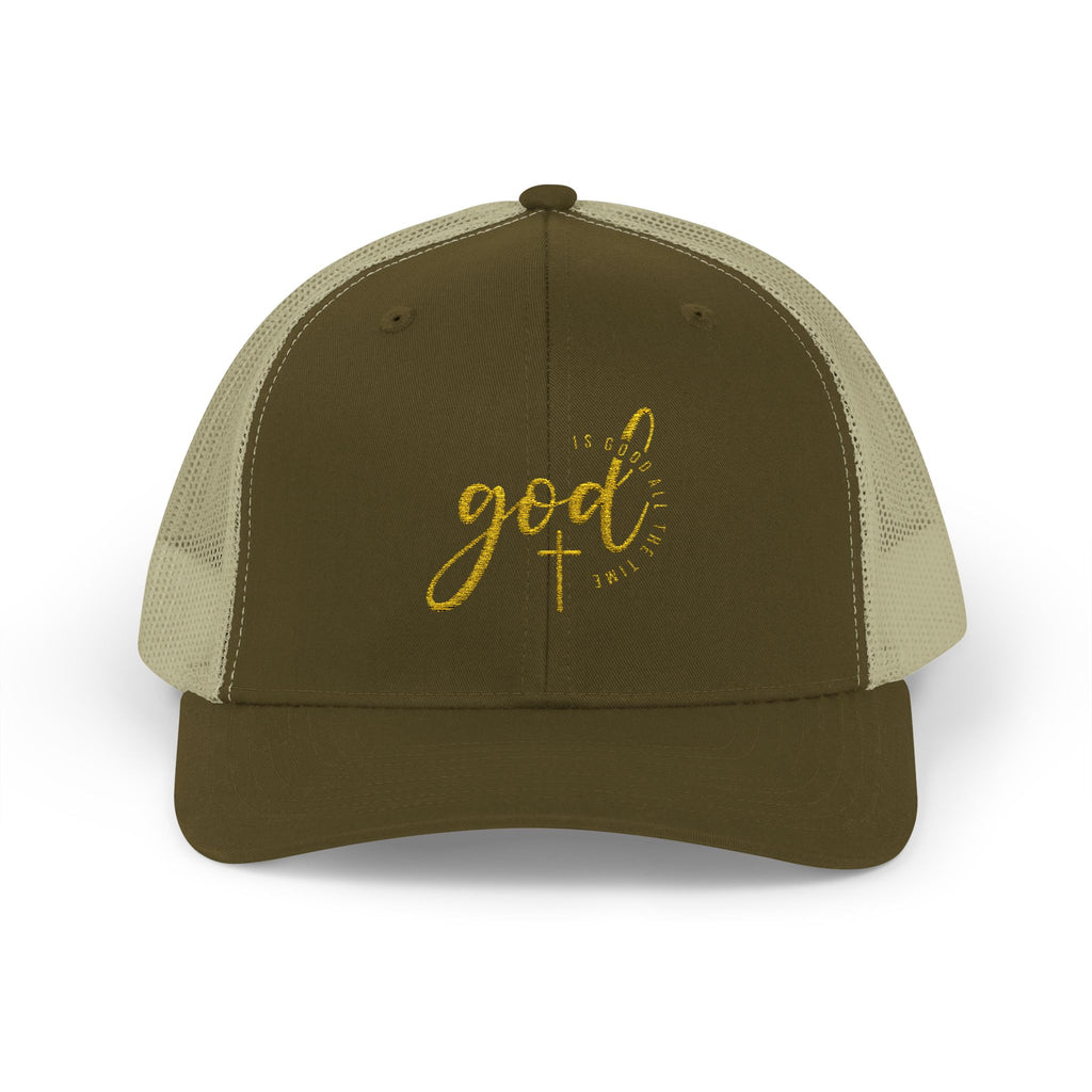 God Script Trucker Cap — Gold Sparkle Faith Snapback