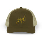 God Script Trucker Cap — Gold Sparkle Faith Snapback