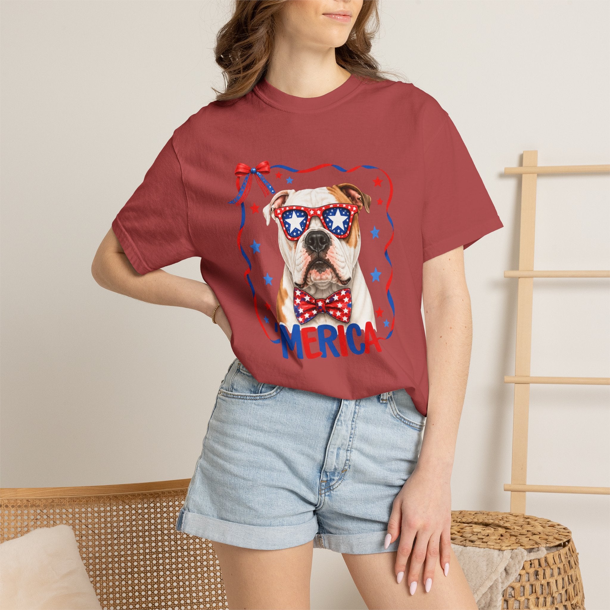 T-Shirt | 'Merica Patriotic Dog Graphic Tee – American Flag Sunglasses & Bow Tie