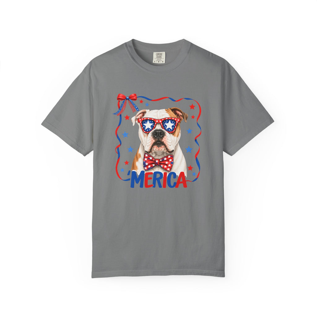 T-Shirt | 'Merica Patriotic Dog Graphic Tee – American Flag Sunglasses & Bow Tie