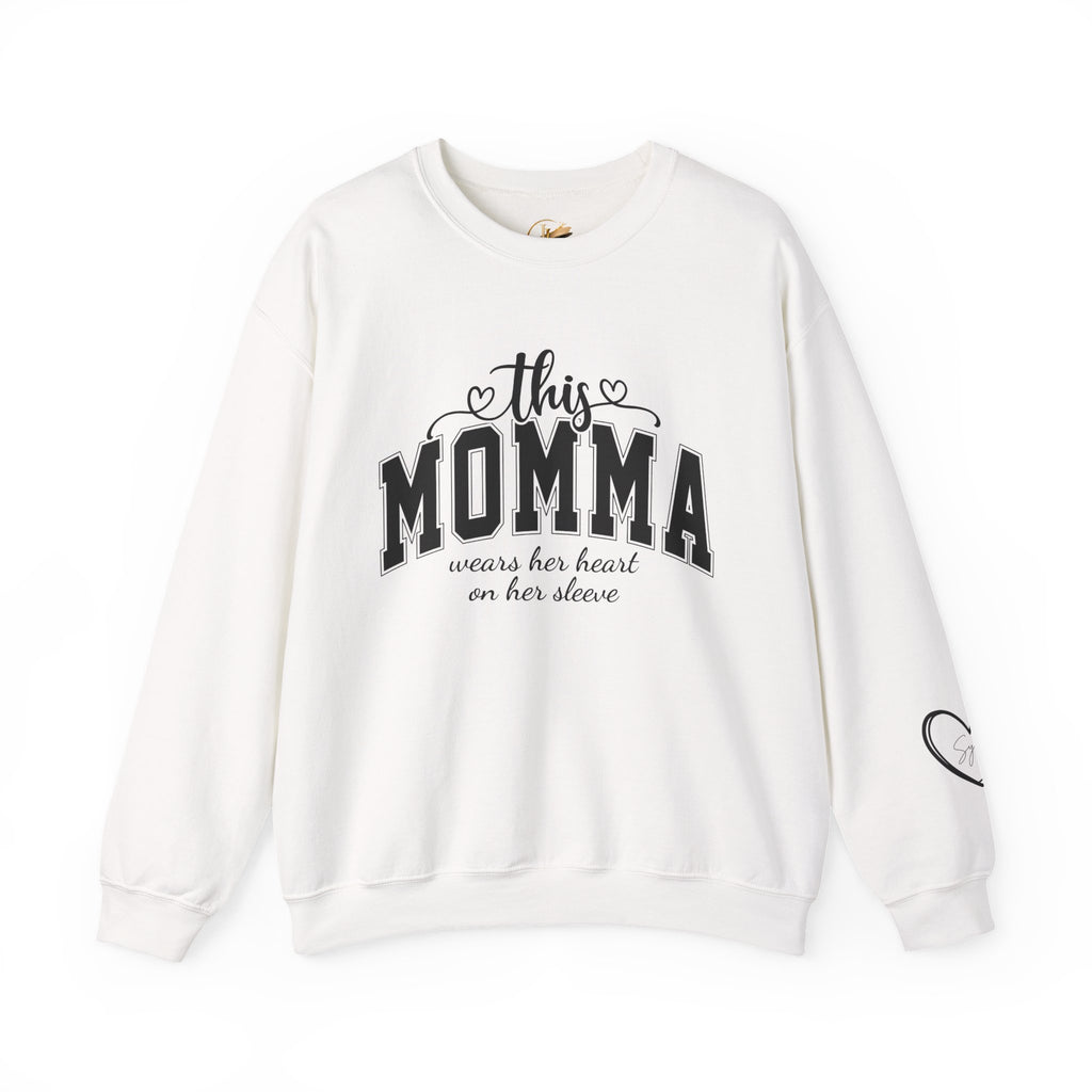 Customized Momma, Gigi, Grammy, Grandma, Mama, Mom, or Nana  Crewneck Sweatshirt – “This ….. Wears Her Heart on Her Sleeve” Cozy Pullover