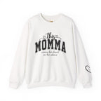 Customized Momma, Gigi, Grammy, Grandma, Mama, Mom, or Nana  Crewneck Sweatshirt – “This ….. Wears Her Heart on Her Sleeve” Cozy Pullover