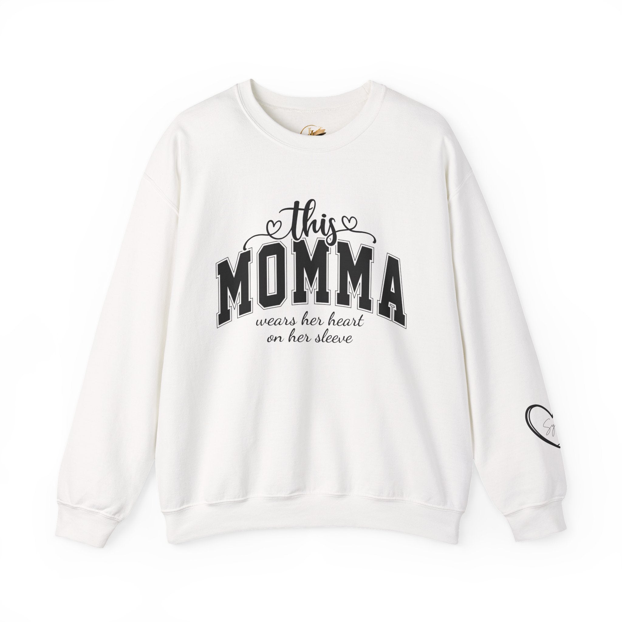 Customized Momma, Gigi, Grammy, Grandma, Mama, Mom, or Nana  Crewneck Sweatshirt – “This ….. Wears Her Heart on Her Sleeve” Cozy Pullover