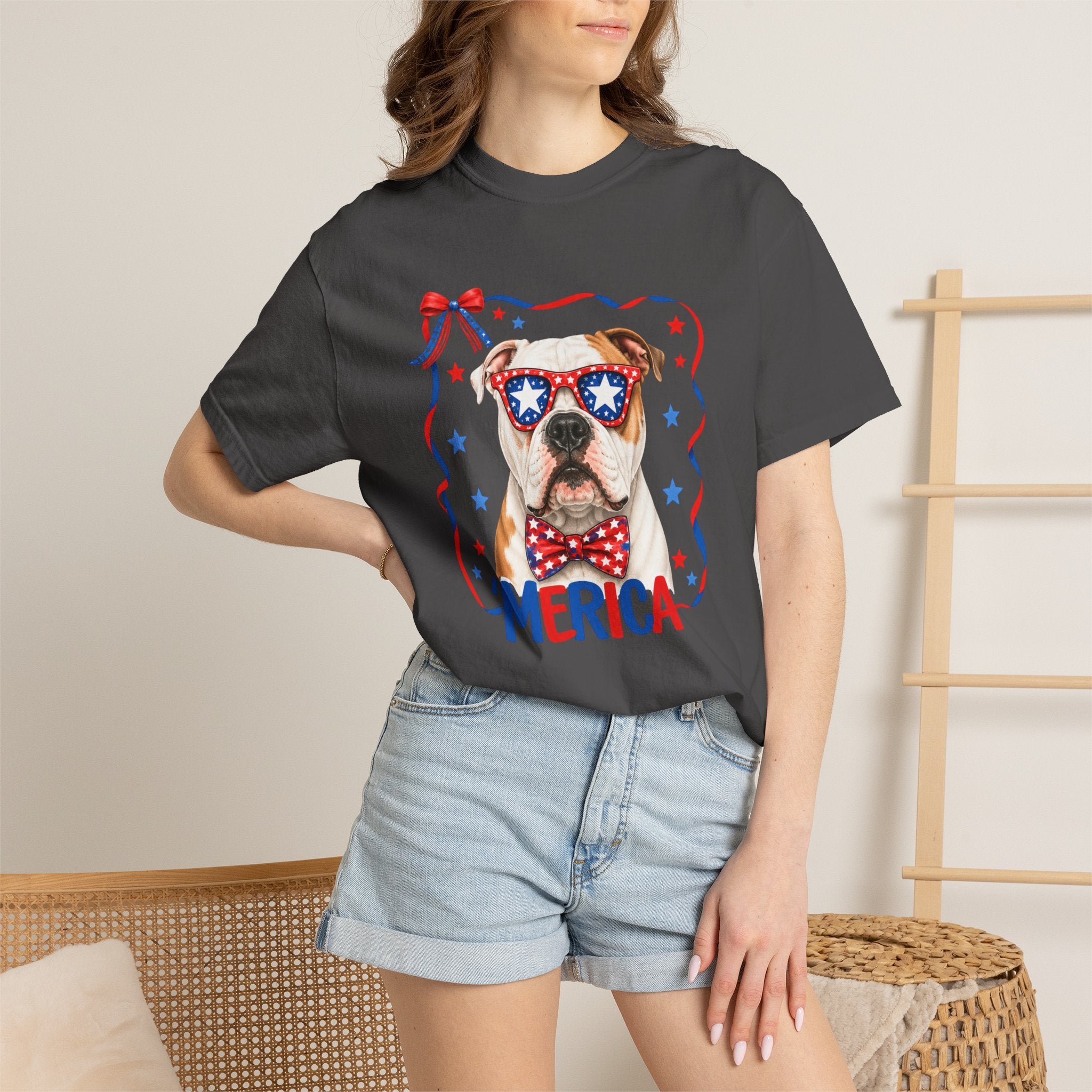 T-Shirt | 'Merica Patriotic Dog Graphic Tee – American Flag Sunglasses & Bow Tie