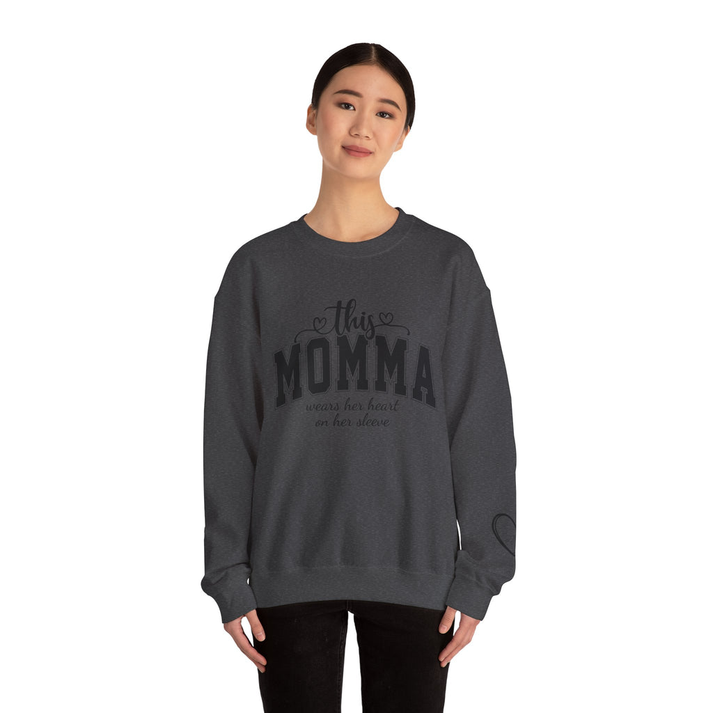 Customized Momma, Gigi, Grammy, Grandma, Mama, Mom, or Nana  Crewneck Sweatshirt – “This ….. Wears Her Heart on Her Sleeve” Cozy Pullover