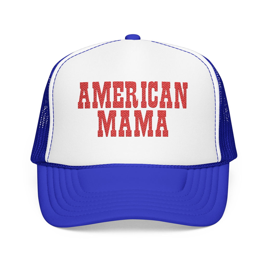 American Mama Trucker Hat - Vintage Red Distressed Foam Mesh Cap for Patriotic Moms