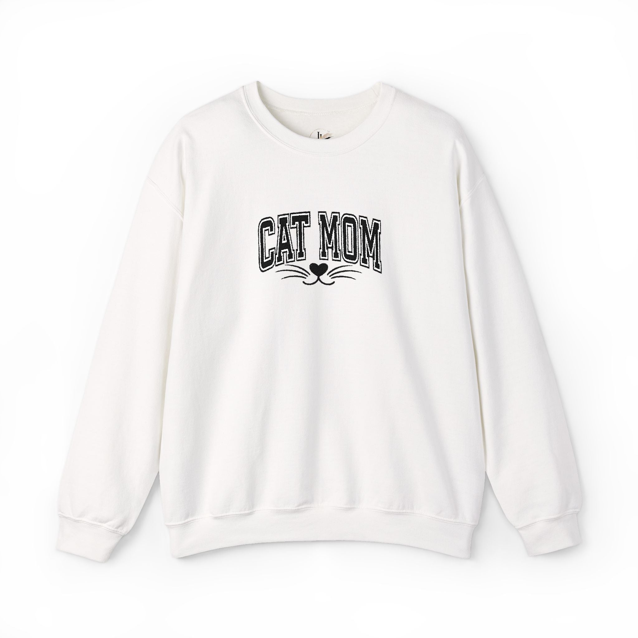 Cat Mom Crewneck Sweatshirt — Vintage Script Cat Face Graphic